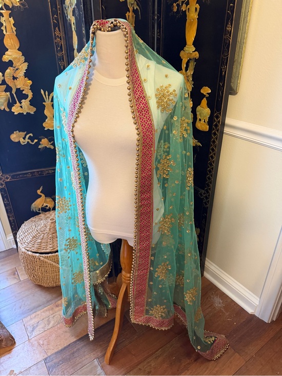 Accessories - Embroidered Turquoise and Gold Beaded Scarf with Pink Trim 92x38